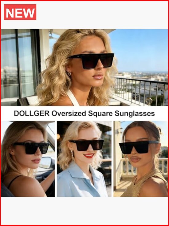 Oversized Square Sunglasses Flat Top Black Frame UV400 Non-Polarized